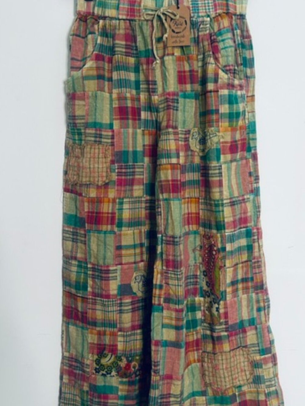 A Rare Bird Pink Colorful Plaid Paradise Patchwork Elastic Tie Waist Pants NWT